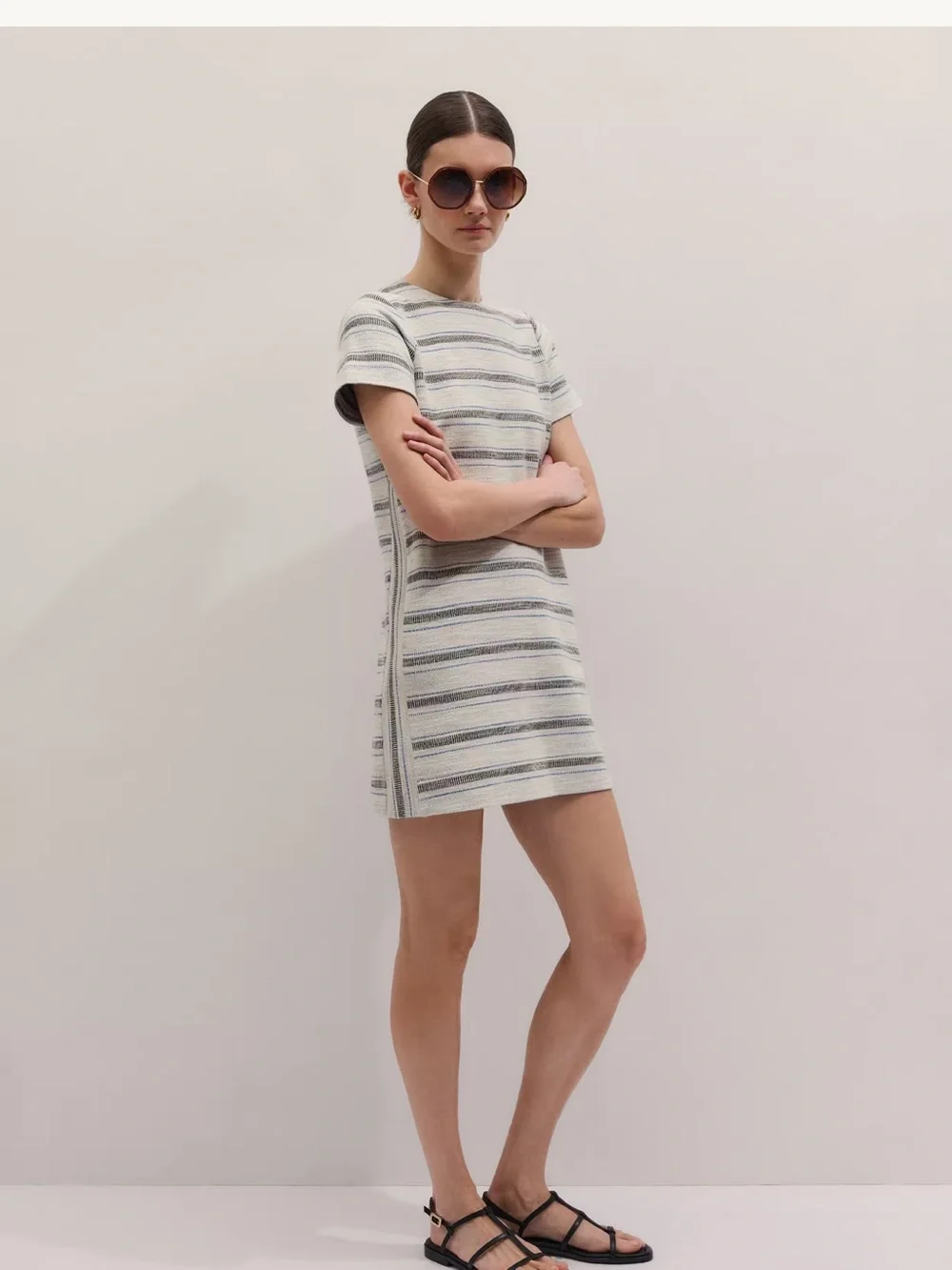 ME+EM Cream and Light Blue Striped Short Sleeve Shift Dress - Picture 1 of 3